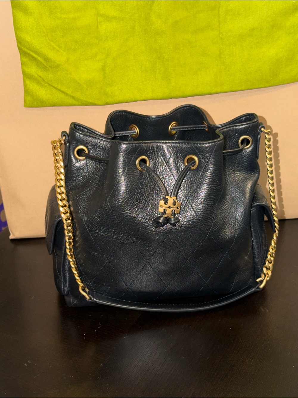 Tory Burch Small Charlie Drawstring Bucket Bag with Gold Chain
